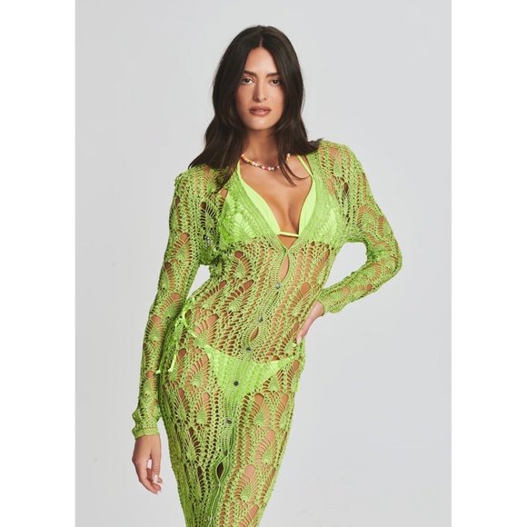 SER.O.YA Allison Crochet Cardigan Lime Green Long Cover Up - Picture 4 of 6